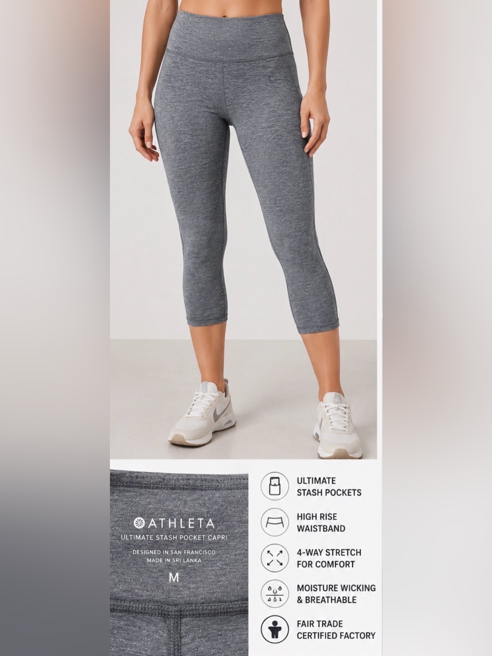 Athleta Ultimate Stash Pocket Capri Leggings Gray Heathered Size Medium